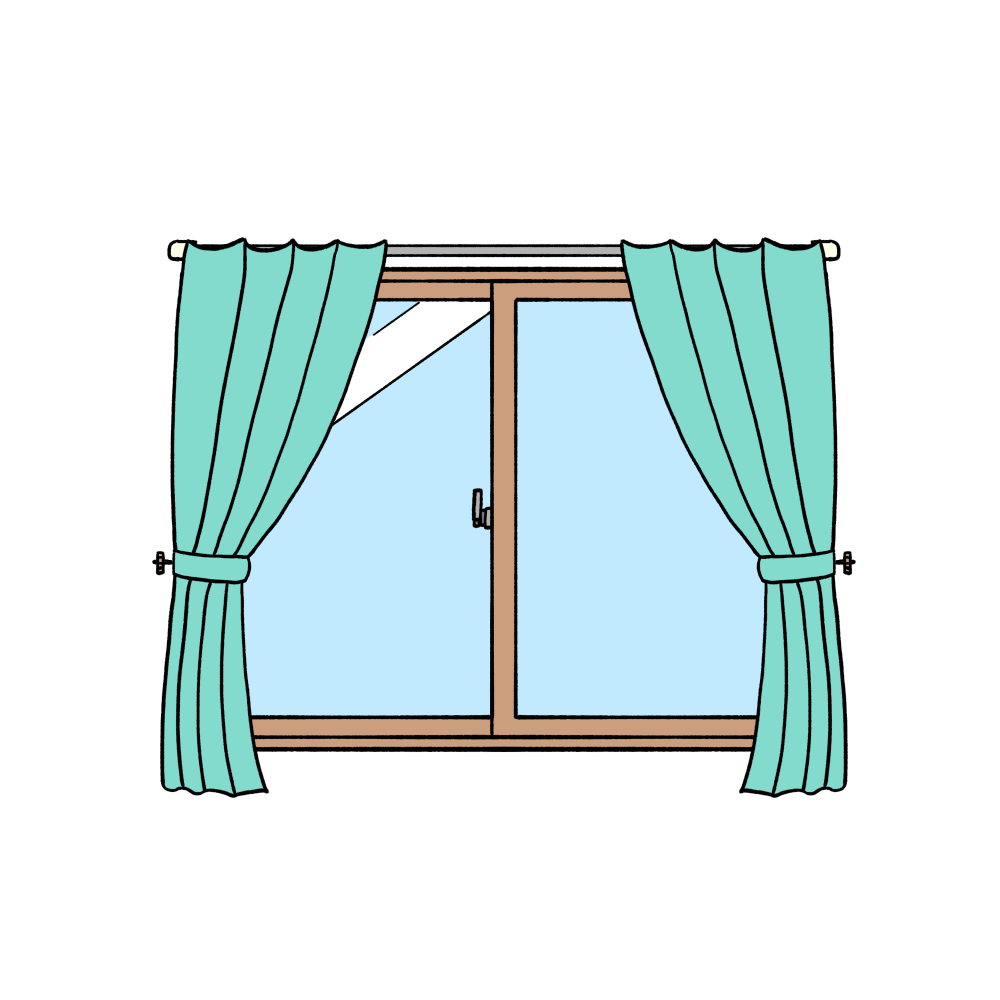 カーテン付き窓（ターコイズ色）のイラスト