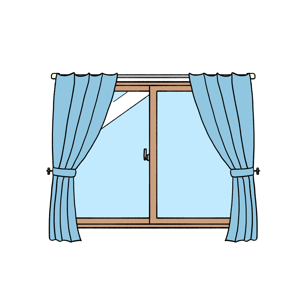 カーテン付き窓（青色）のイラスト