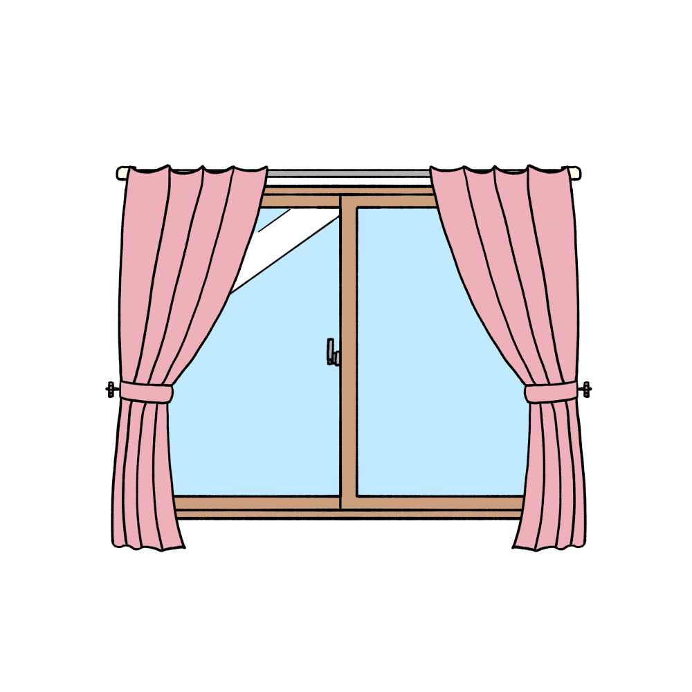 カーテン付き窓（ピンク色）のイラスト