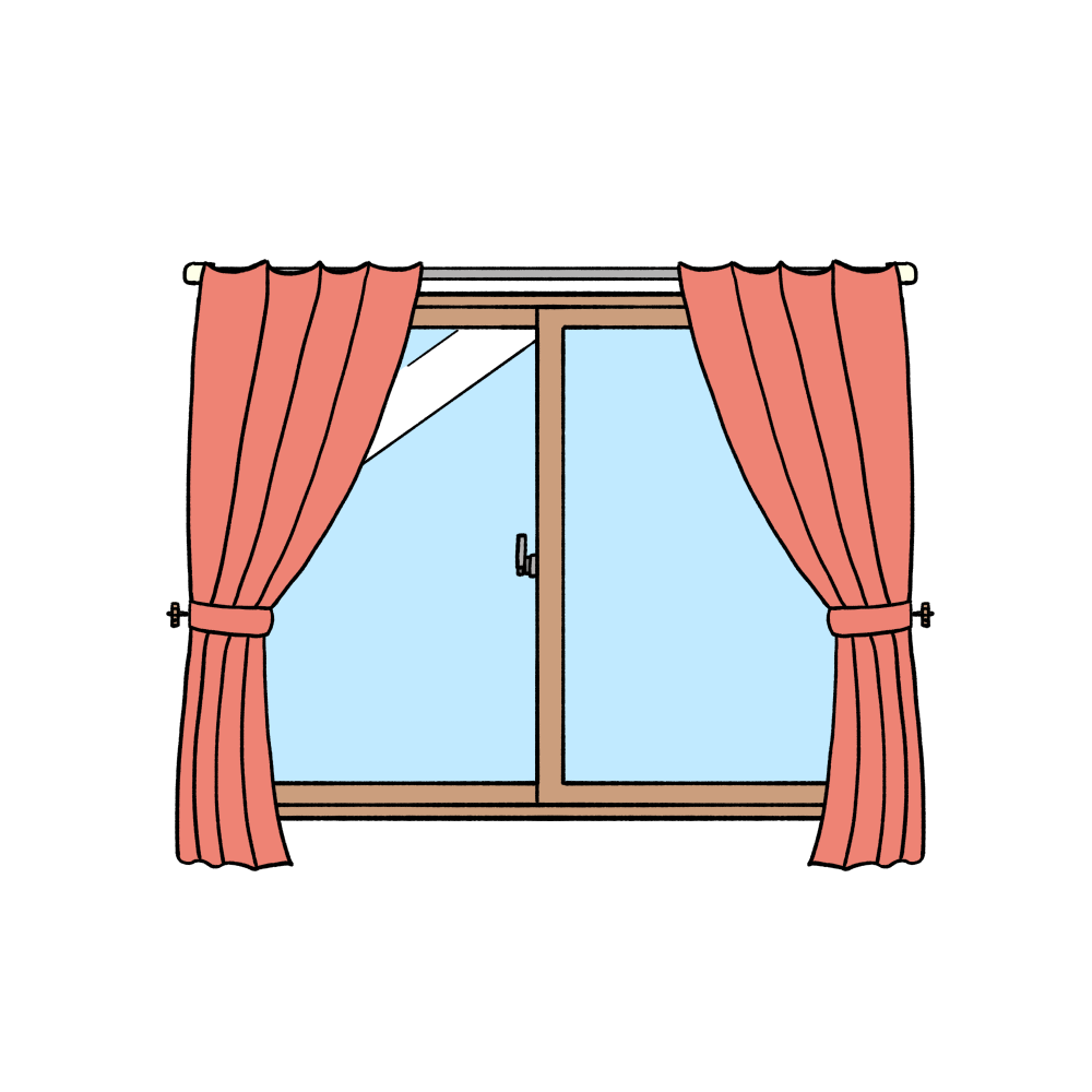カーテン付き窓（赤色）のイラスト