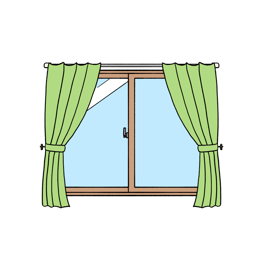 カーテン付き窓（緑色）のイラスト